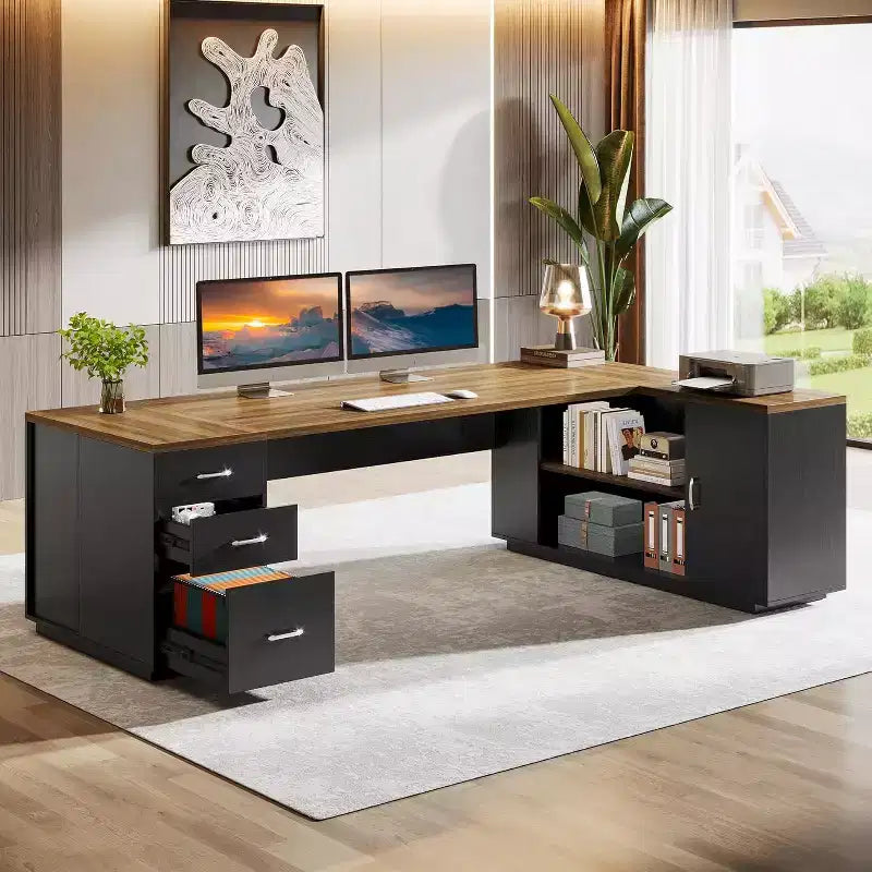 Grand bureau de direction en L Lantine 85.8, bureau d’ordinateur extra-large avec tiroirs pour dossiers, pour bureau à domicile
