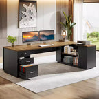 Grand bureau de direction en L Lantine 85.8, bureau d’ordinateur extra-large avec tiroirs pour dossiers, pour bureau à domicile