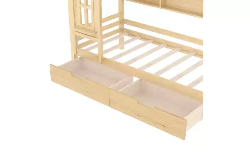 Lit plateforme en forme de maison avec tiroirs de rangement et fenêtre, cadre en bois massif avec étagères, design ludique pour enfant, blanc clair