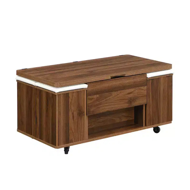 Table basse moderne multifonctionnelle relevable avec rangement dissimulé, 4 tabourets et roulettes, idéale pour les espaces de vie modernes