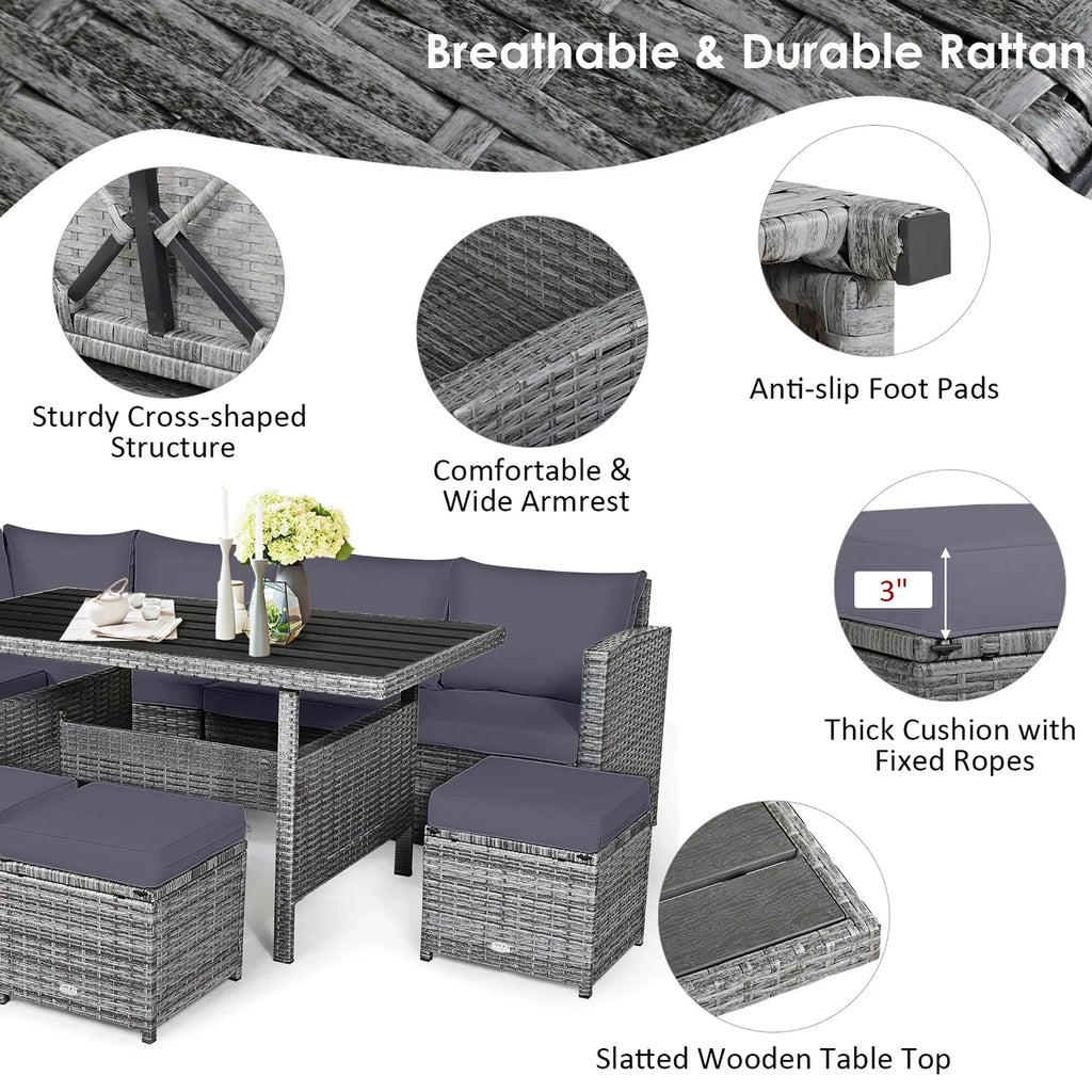 Costway Ensemble repas de jardin en rotin de 7 pièces, canapé d’angle, canapé et pouf — Voir les détails
