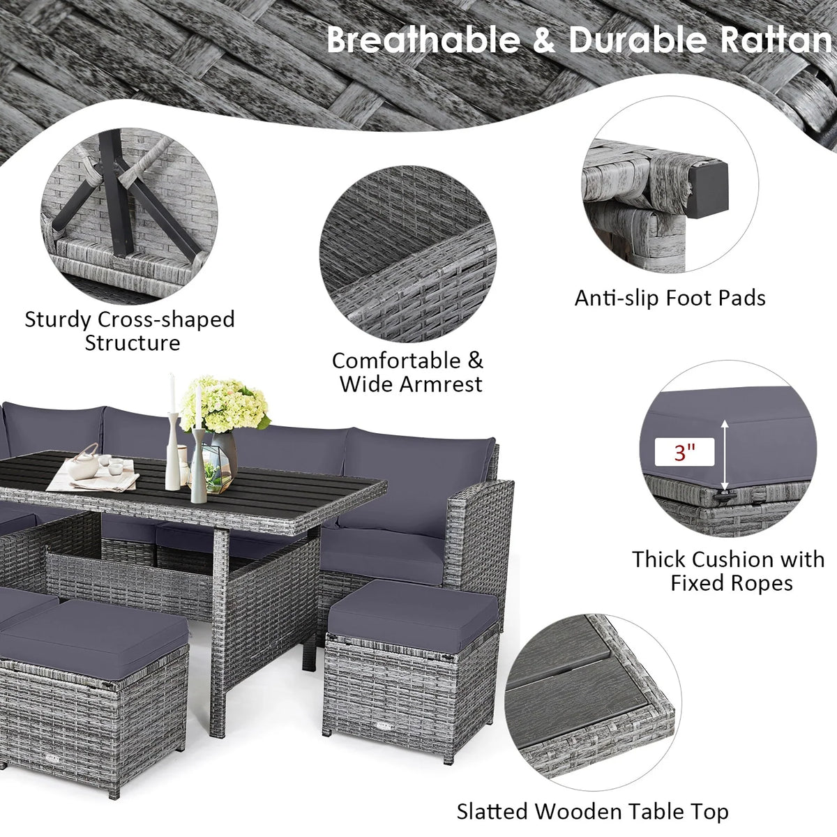 Costway Ensemble repas de jardin en rotin de 7 pièces, canapé d’angle, canapé et pouf — Voir les détails