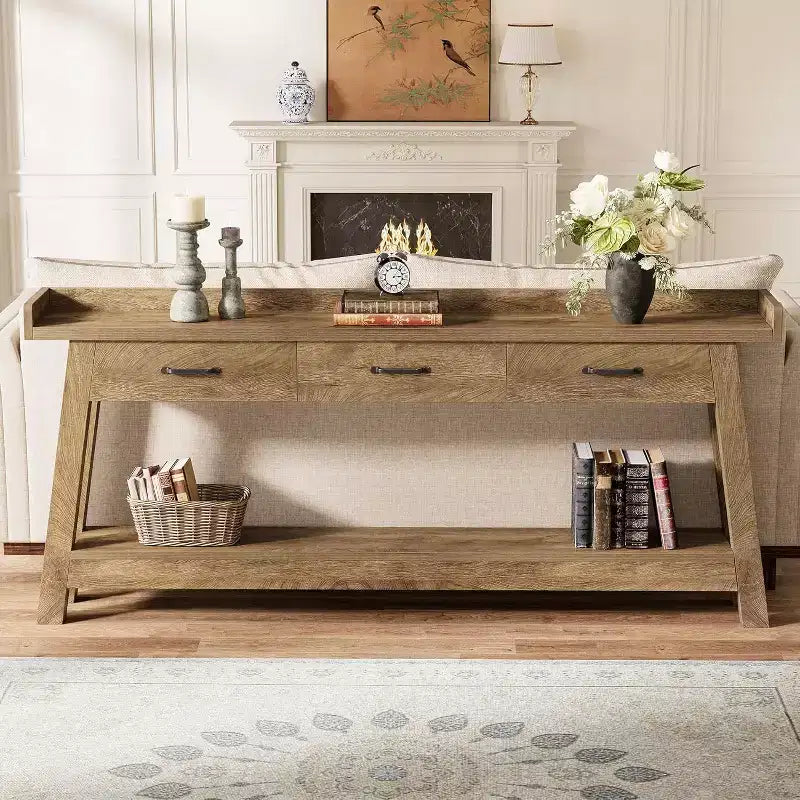 Table console Lantine à 2 niveaux avec 3 tiroirs, console de 70,9 avec rebord surélevé et étagères de rangement pour le salon, le couloir ou l’entrée