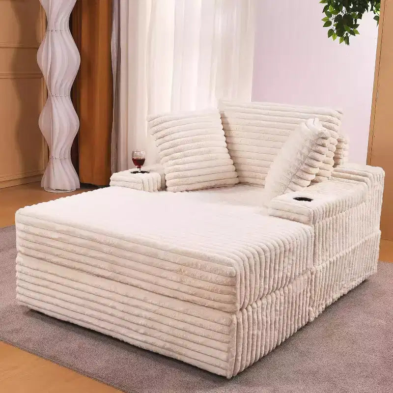 Fauteuil méridienne surdimensionné d’intérieur avec pouf de rangement, canapé-lit en velours côtelé rembourré style nuage avec 3 coussins, fauteuil convertible une place