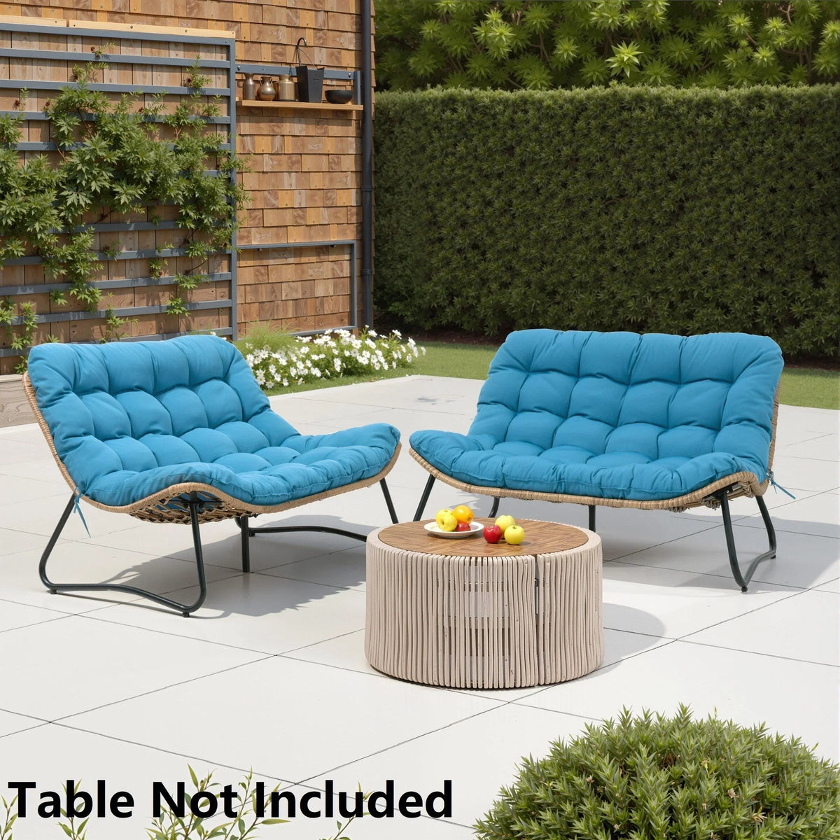 Fauteuil double Papasan avec coussin, rotin PE toutes saisons et structure en métal, pour intérieur et extérieur