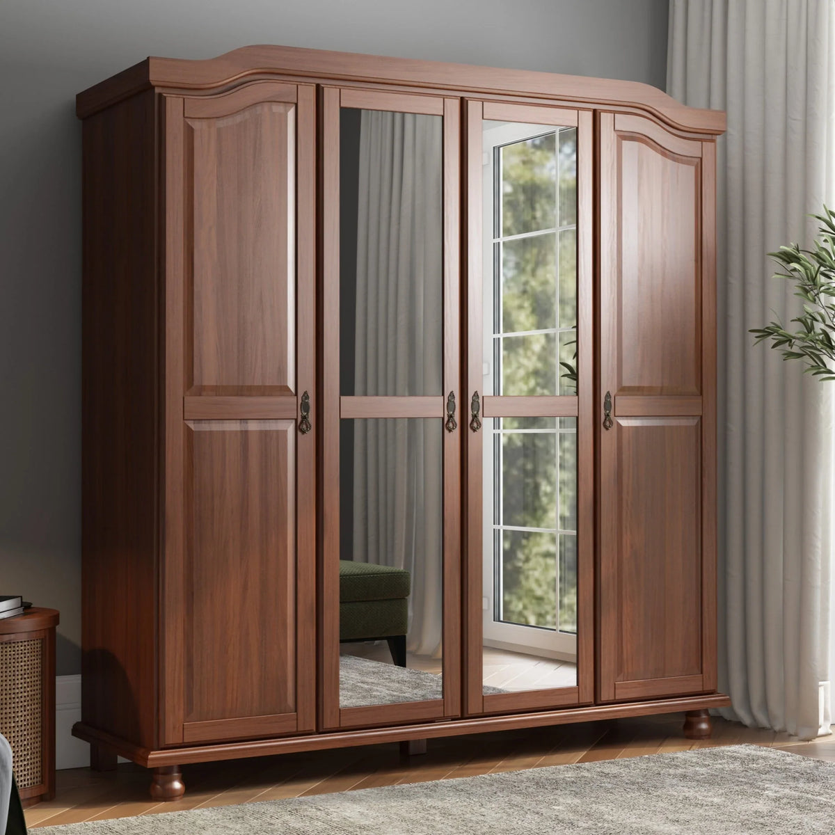 Palace Imports Kyle 4-türiger Kleiderschrank aus 100 % Massivholz mit Türen aus Massivholz oder Spiegelglas