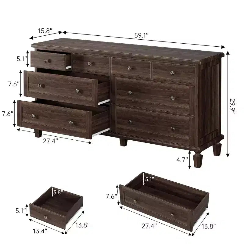 Ladekast met 8 laden voor de slaapkamer, vintage ladekast van 59 inch en tv-meubel met gebeeldhouwde handgrepen en taps toelopende poten, houten ladekast met ruime opbergruimte