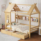Lit plateforme en forme de maison avec tiroirs de rangement et fenêtre, cadre en bois massif avec étagères, design ludique pour enfant, blanc clair