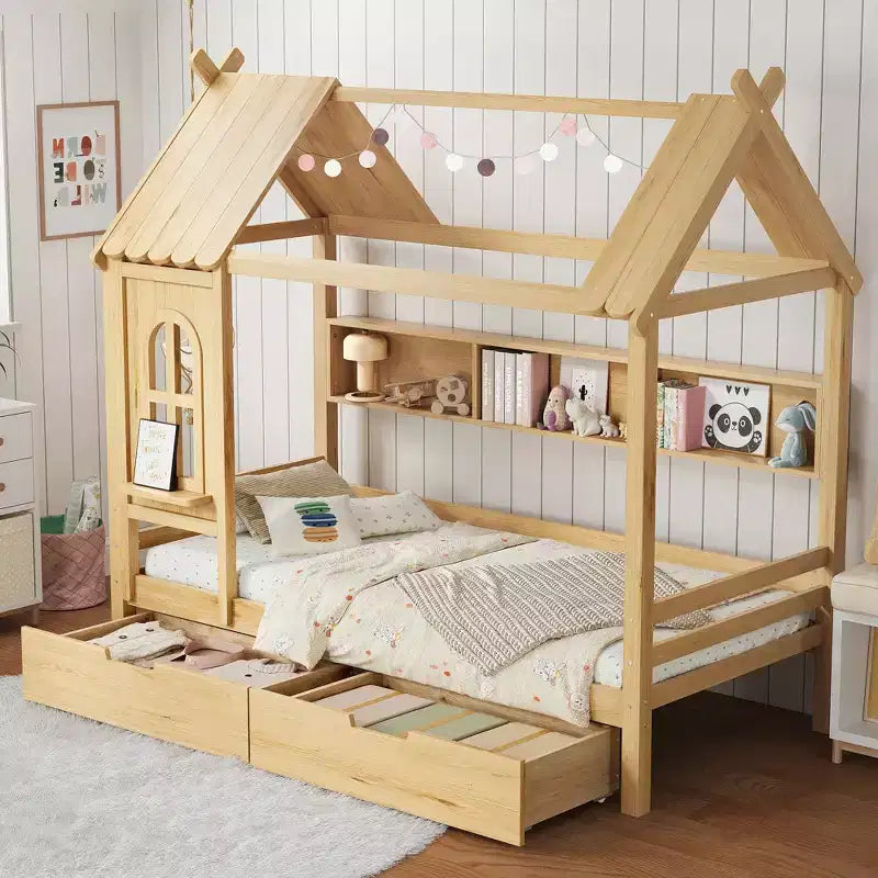 Lit plateforme en forme de maison avec tiroirs de rangement et fenêtre, cadre en bois massif avec étagères, design ludique pour enfant, blanc clair