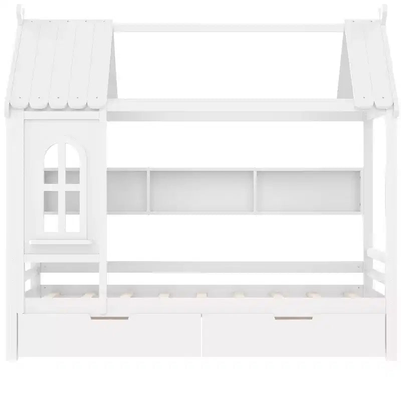Lit plateforme en forme de maison avec tiroirs de rangement et fenêtre, cadre en bois massif avec étagères, design ludique pour enfant, blanc clair