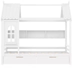Lit plateforme en forme de maison avec tiroirs de rangement et fenêtre, cadre en bois massif avec étagères, design ludique pour enfant, blanc clair