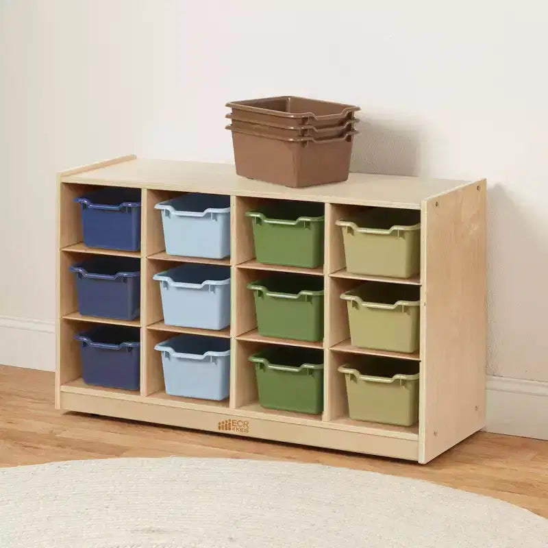 Meuble mobile à plateaux avec casiers et 15 bacs frontaux à ouverture en forme de cuillère, 3 x 4, mobilier pour enfants
