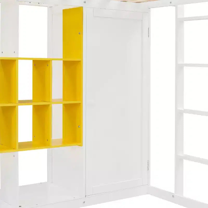 Kinder-Hochbett mit Kleiderschrank und Regalen, Hochbettgestell aus Holz mit Stauraumschrank für Kinder und Jugendliche