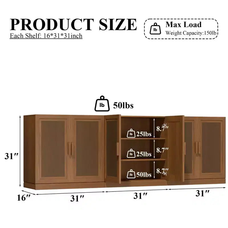 3-teiliges Sideboard-Set mit Rattantüren und verstellbaren Einlegeböden – 93L x 31H