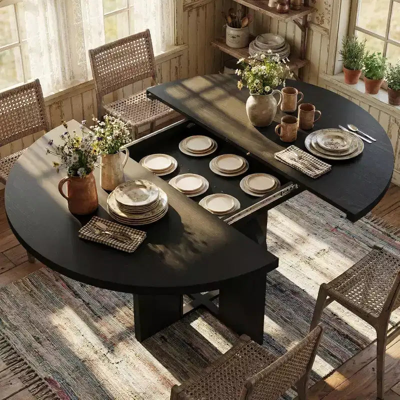 Table à manger ronde extensible de 47 à 63 po pour 4 à 8 personnes, table de cuisine extensible en bois de style champêtre avec structure en métal, table ovale gain de place pour appartement, gris rétro