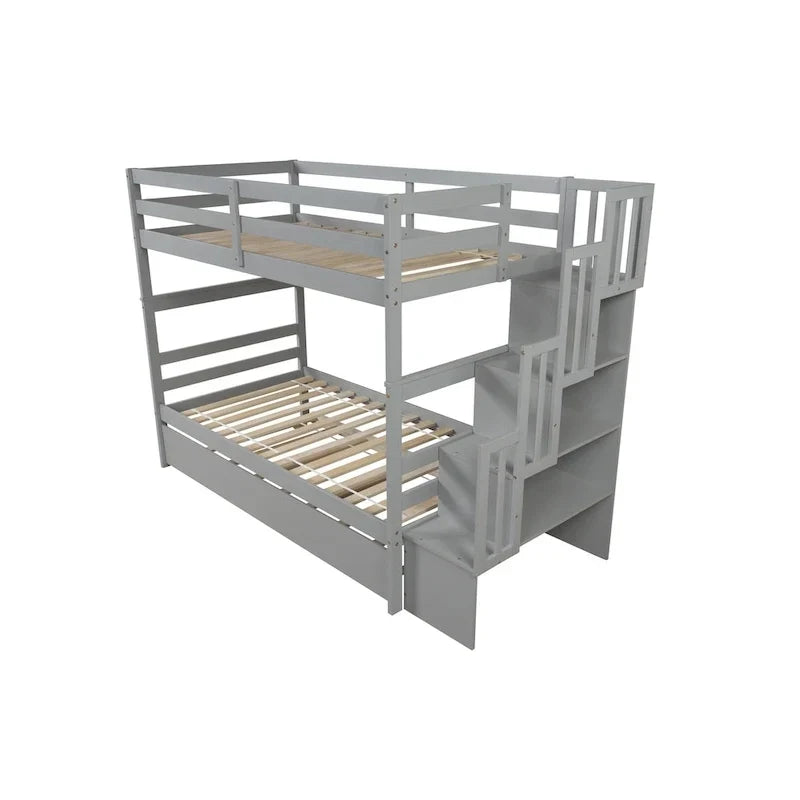 Lits superposés jumeaux avec lit gigogne jumeau et rangements dans l’escalier, coloris gris