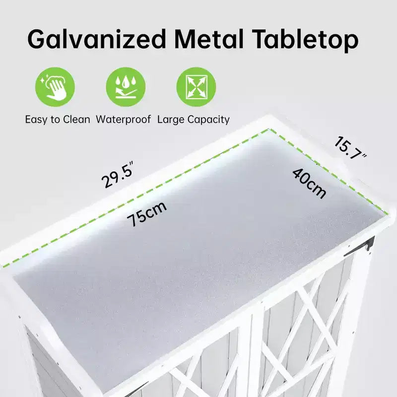 Armoire de rangement extérieur, établi de rempotage – poste de travail de jardin en bois imperméable avec plateau galvanisé, étagères réglables pour cour, terrasse ou pelouse