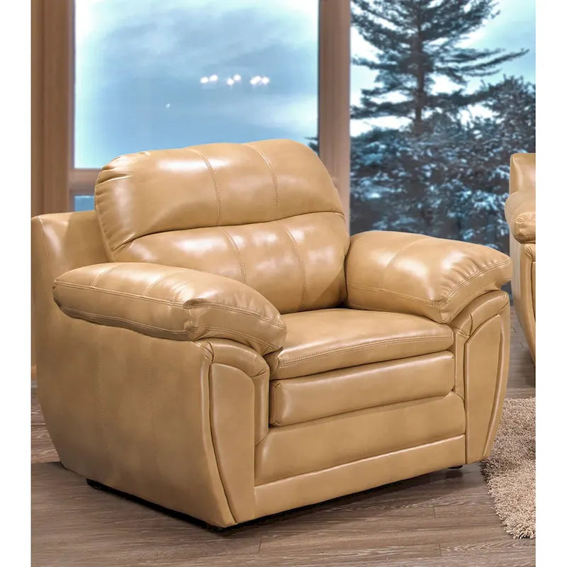 Simon Sofagarnitur aus hellbraunem Lederimitat mit Ledergel, bestehend aus Sofa, Loveseat und Sessel