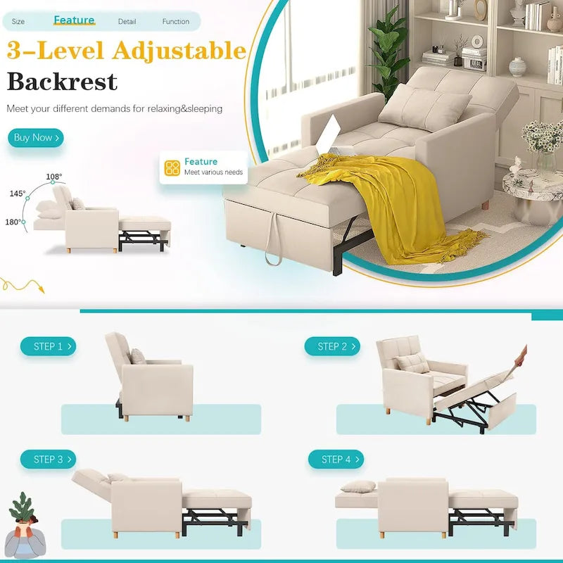 AECOJOY 3-in-1-Schlafsofa-Sessel mit Kissen und verstellbarer Rückenlehne
