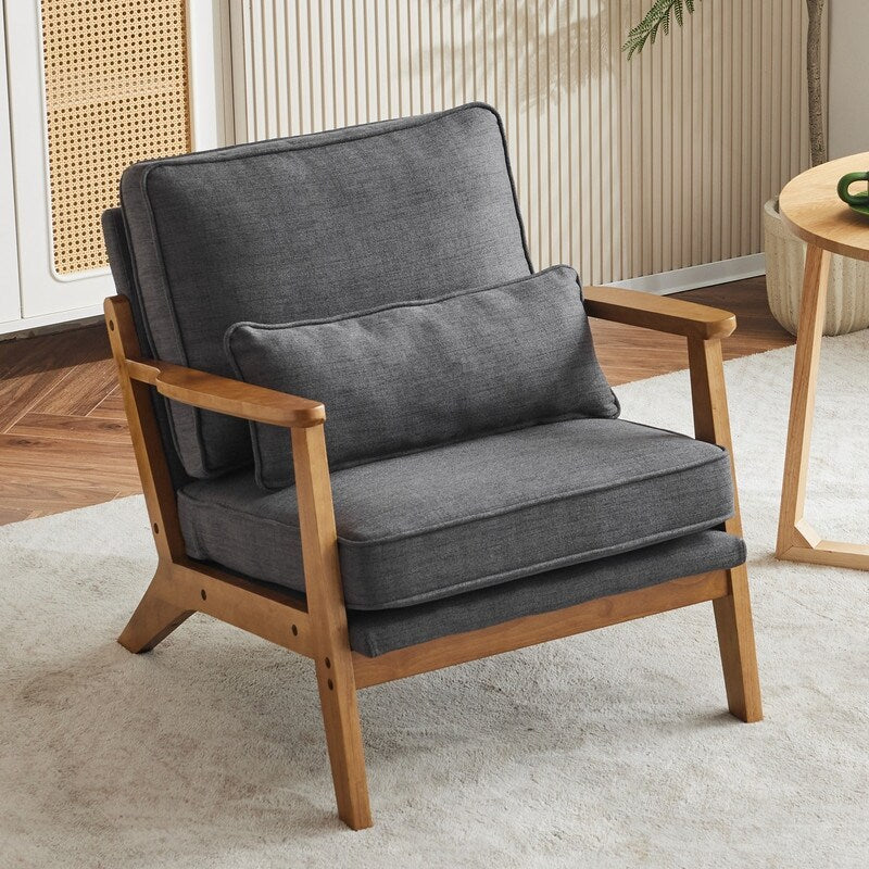 Polster-Sessel aus Leinenmischgewebe mit Holzbeinen und einem Kissen, Beige