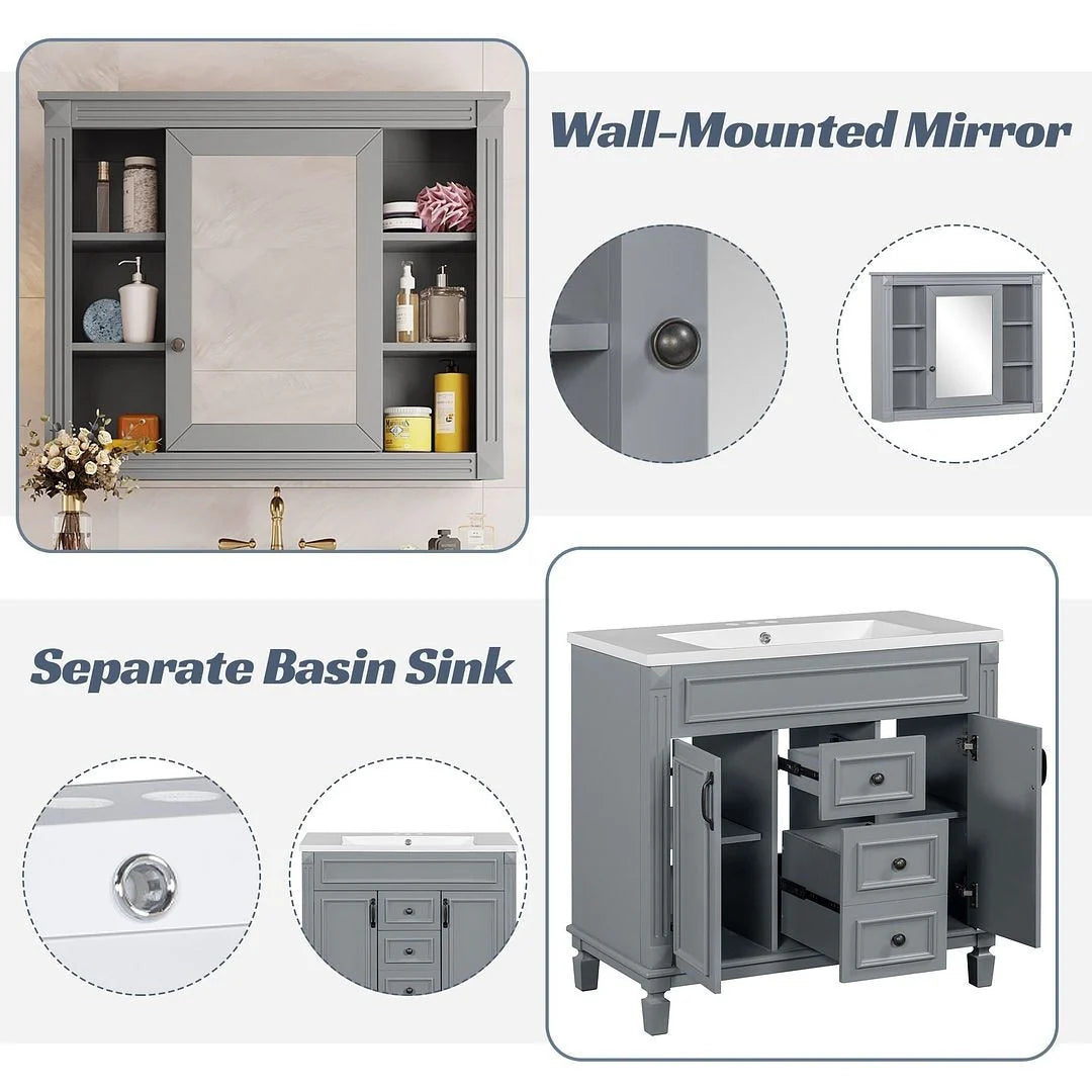 Meuble-lavabo moderne de salle de bains de 36 po avec vasque sur plan, armoire à miroir, 2 portes et 2 tiroirs