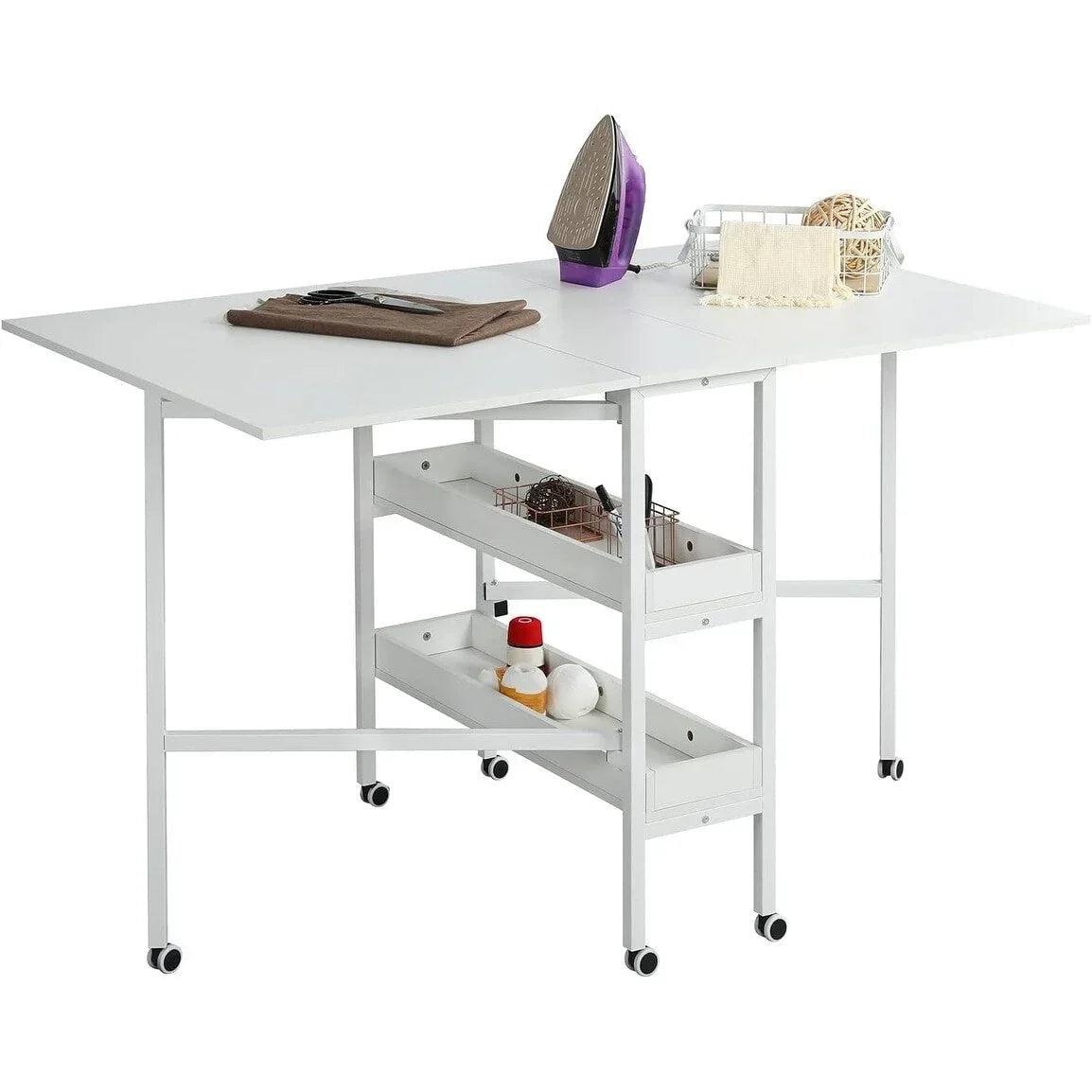 Table de bricolage réglable en hauteur avec étagères de rangement, table de découpe pliante mobile pour bureau à domicile, salle de couture ou atelier créatif