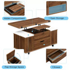 Table basse moderne multifonctionnelle relevable avec rangement dissimulé, 4 tabourets et roulettes, idéale pour les espaces de vie modernes