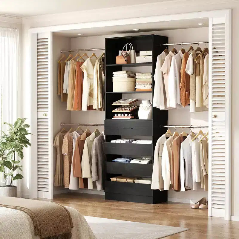 Besiost Holz-Kleiderschrank-Organizersystem für 1,2–2,7 m mit 4 Schubladen, 4 Kleiderstangen und Regaltürmen