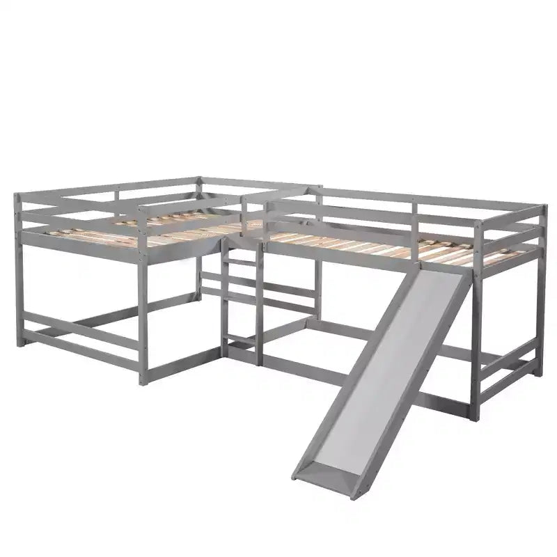 L-vormig stapelbed voor 4 kinderen, vierpersoons stapelbed met glijbaan, houten stapelbedframe met full- en twinbed voor slaapkamer of slaapzaal