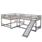 L-vormig stapelbed voor 4 kinderen, vierpersoons stapelbed met glijbaan, houten stapelbedframe met full- en twinbed voor slaapkamer of slaapzaal