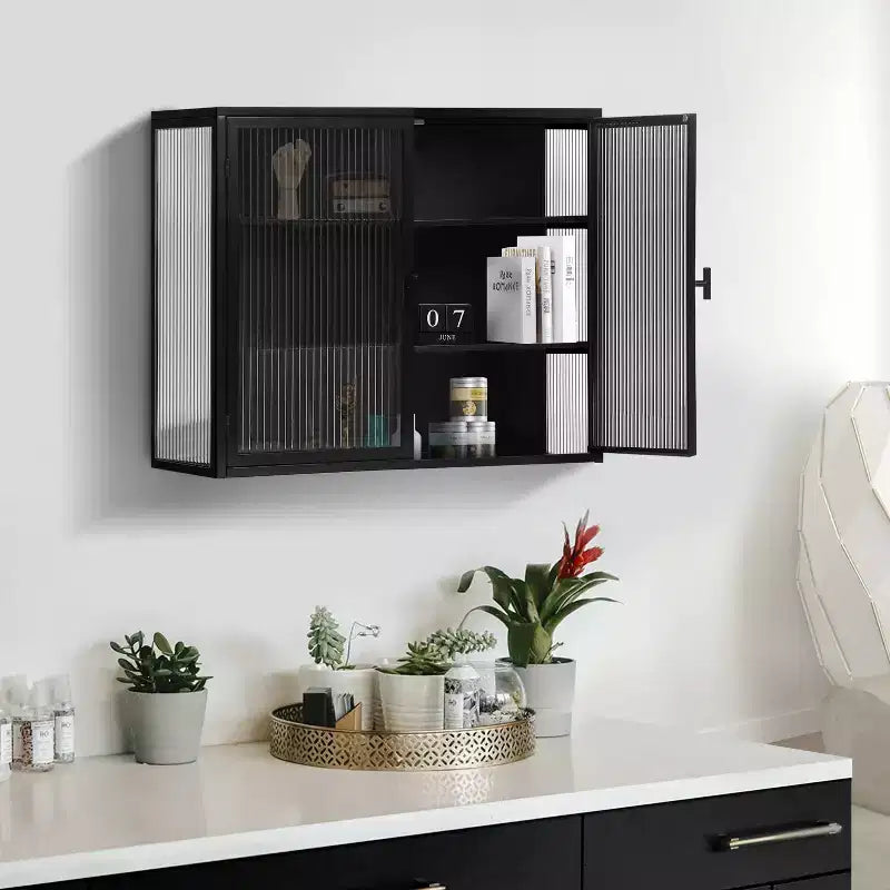 Moderner 2-türiger Wandschrank von Okak mit 3-stufigem Stauraum und Glastüren für Eingangsbereich, Esszimmer, Wohnzimmer oder Küche
