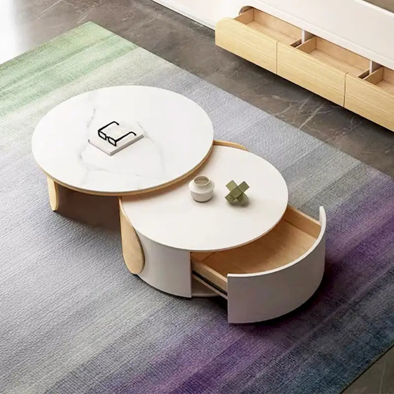 Moderne ronde salontafel, stenen tafelblad, natuurlijk hout - 50 x 31,5