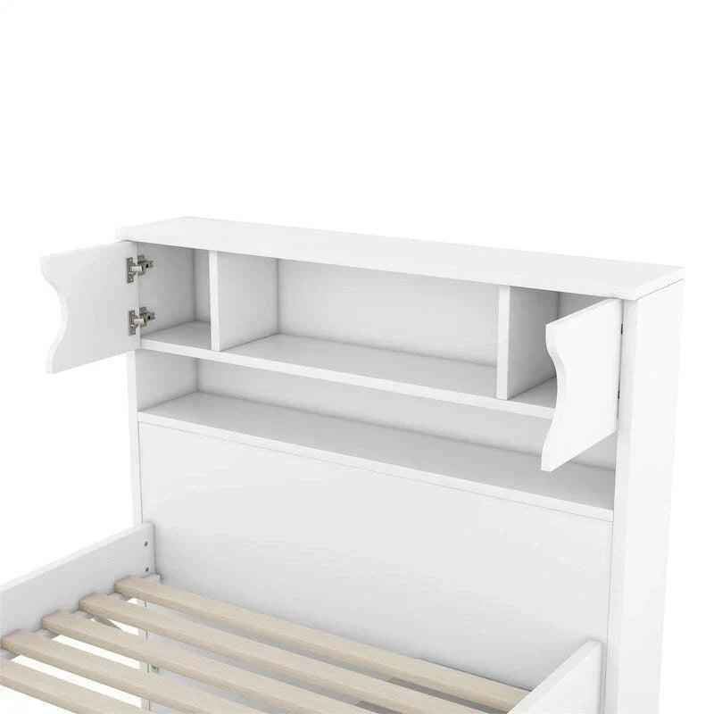 Lit plateforme de capitaine Twin/Full avec 4 tiroirs et étagères de rangement, structure en bois massif avec tête de lit bibliothèque et rangements