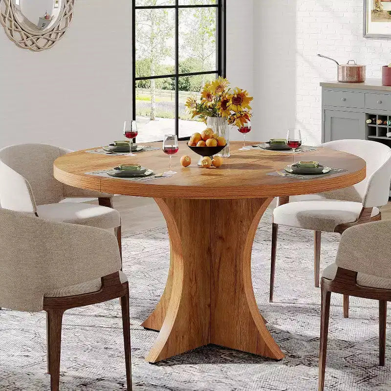 Lantine runder Esstisch mit 120 cm Durchmesser für 4–6 Personen, Küchentisch im Landhausstil mit Säulenfuß, kleiner Esstisch für Esszimmer und Wohnzimmer, Braun