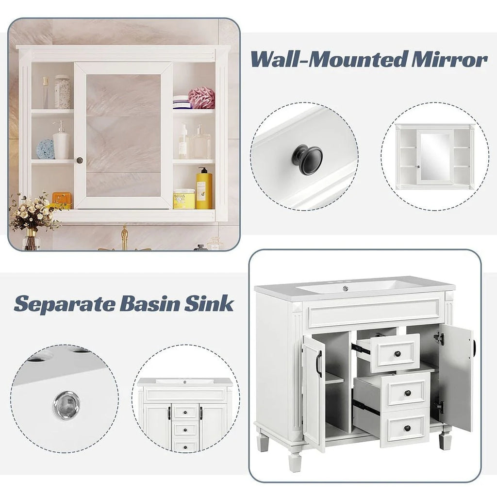 Meuble-lavabo moderne de salle de bains de 36 po avec vasque sur plan, armoire à miroir, 2 portes et 2 tiroirs