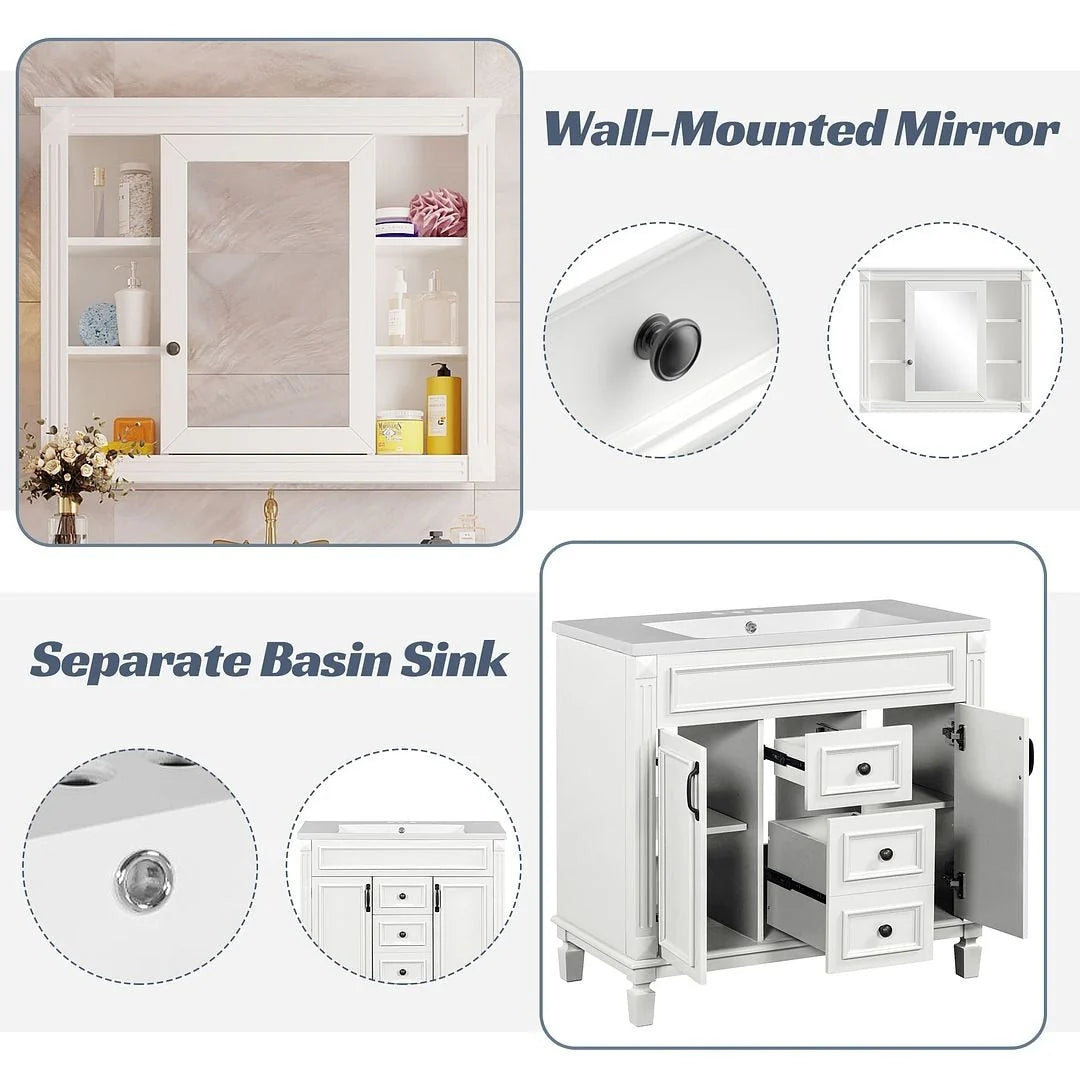 Meuble-lavabo moderne de salle de bains de 36 po avec vasque sur plan, armoire à miroir, 2 portes et 2 tiroirs