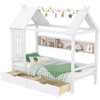 Lit plateforme en forme de maison avec tiroirs de rangement et fenêtre, cadre en bois massif avec étagères, design ludique pour enfant, blanc clair