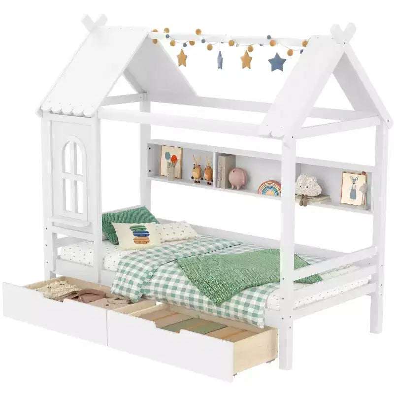 Lit plateforme en forme de maison avec tiroirs de rangement et fenêtre, cadre en bois massif avec étagères, design ludique pour enfant, blanc clair