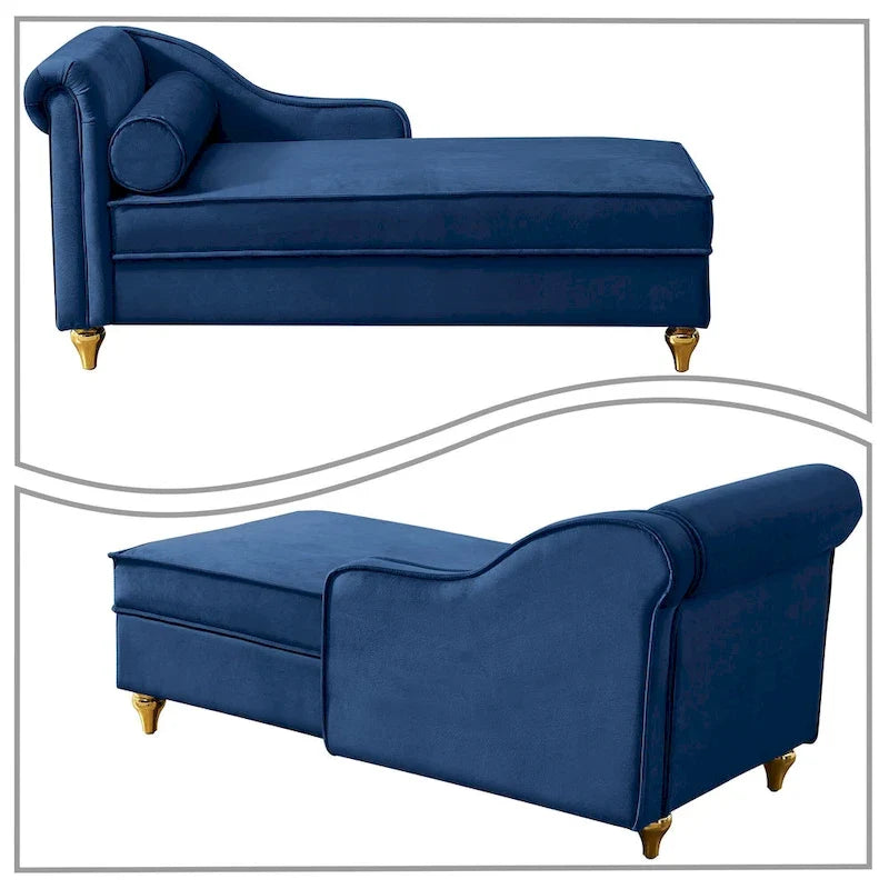 Fauteuil méridienne élégant français en velours avec revêtement rembourré et rangement, avec coussin