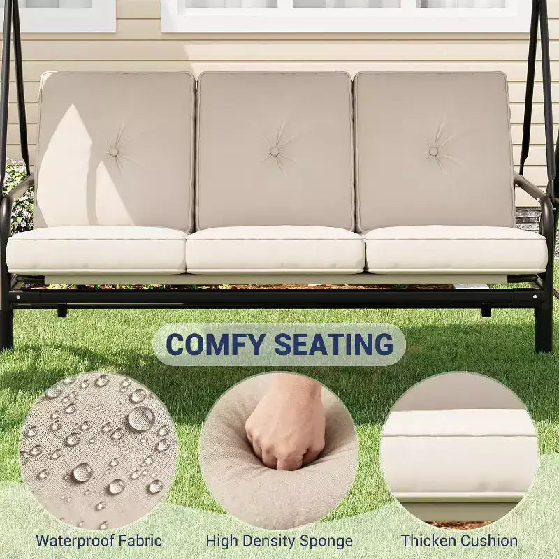 Balançoire d’extérieur convertible 2-en-1 pour 3 personnes avec auvent réglable, lit balançoire de terrasse avec support, coussins épais et porte-gobelets, pour jardin, cour et porche