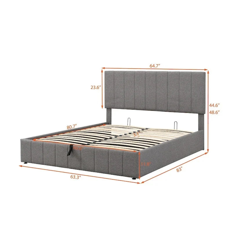 Lit plateforme queen-size rembourré avec système de rangement hydraulique - beige