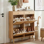 Meuble à chaussures Karl Home avec panneau en rotin, 2 tiroirs et 4 tiroirs basculants, en panneaux de particules, largeur 41,34 W