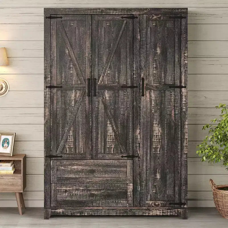AMERLIFE 47-Zoll-Kleiderschrank im Landhausstil mit 3 Türen, 2 Schubladen, Kleiderstange und verstellbaren Regalen, freistehender Kleiderschrank-Organizer