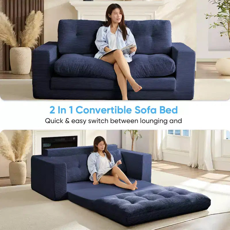 Mjkone 71' 2-in-1 slaapbank, opvouwbare loveseat met geribde stof en knopen, ruimtebesparend