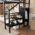Okak 94-Zoll-Hochbett in Twin-Größe mit Kleiderschrank, Twin-Bett mit Ablagefächern und Korb, Bettgestell für Schlafzimmer und Wohnheim