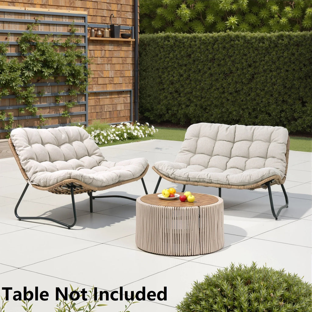 Fauteuil double Papasan avec coussin, rotin PE toutes saisons et structure en métal, pour intérieur et extérieur