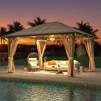 EROMMY Pavillon mit festem Dach, Outdoor-Pergola mit Doppeldach, Netzvorhängen und Vorhängen, robustes Vordach für Terrasse, Garten und Poolpartys