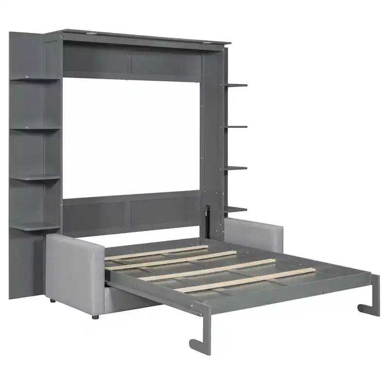 Lit escamotable mural queen size avec canapé, lit armoire pliant queen size avec bibliothèque et étagères pour chambre d’amis ou bureau