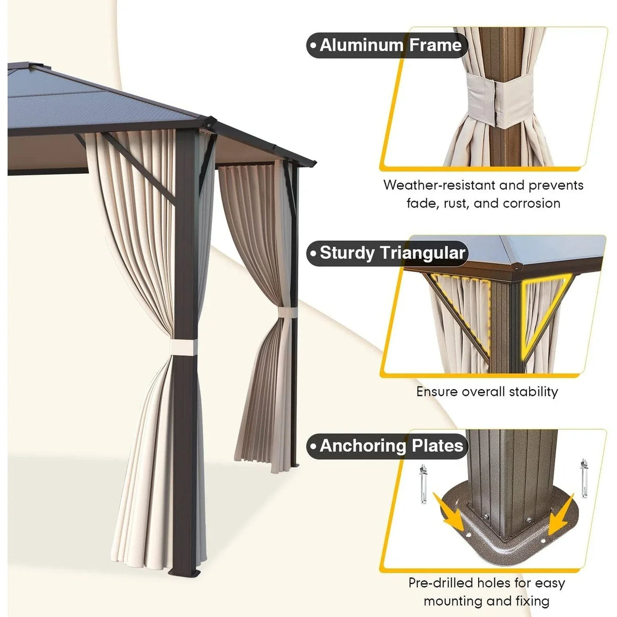 EROMMY Pavillon mit festem Dach, Outdoor-Pergola mit Doppeldach, Netzvorhängen und Vorhängen, robustes Vordach für Terrasse, Garten und Poolpartys