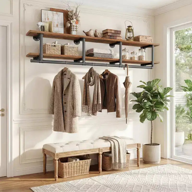 Portant à vêtements Besiost à 2 niveaux avec tringle, étagères à vêtements et étagère supérieure